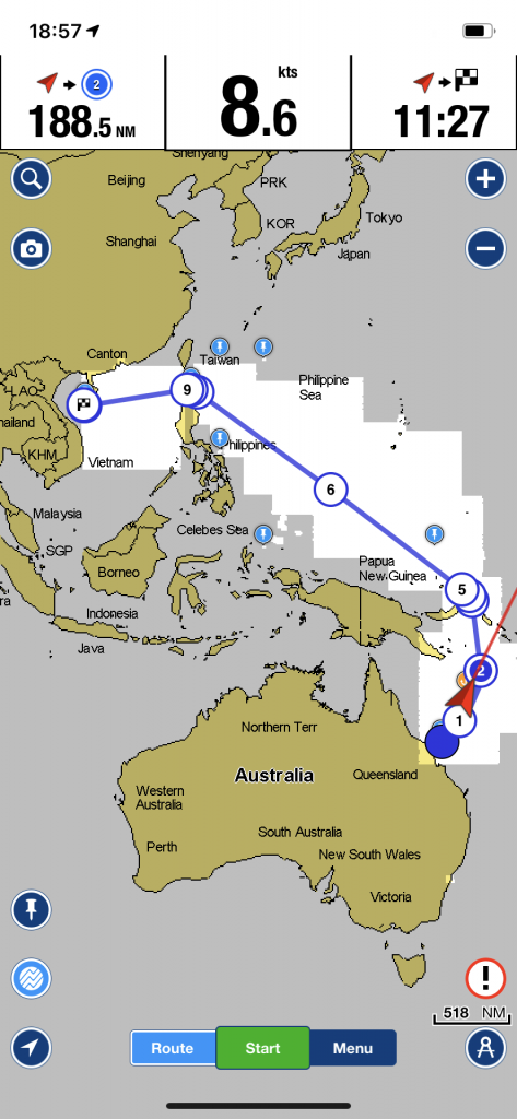 Screenshot of Navionics chart showing original race route from Australia to China / Mike Holmes